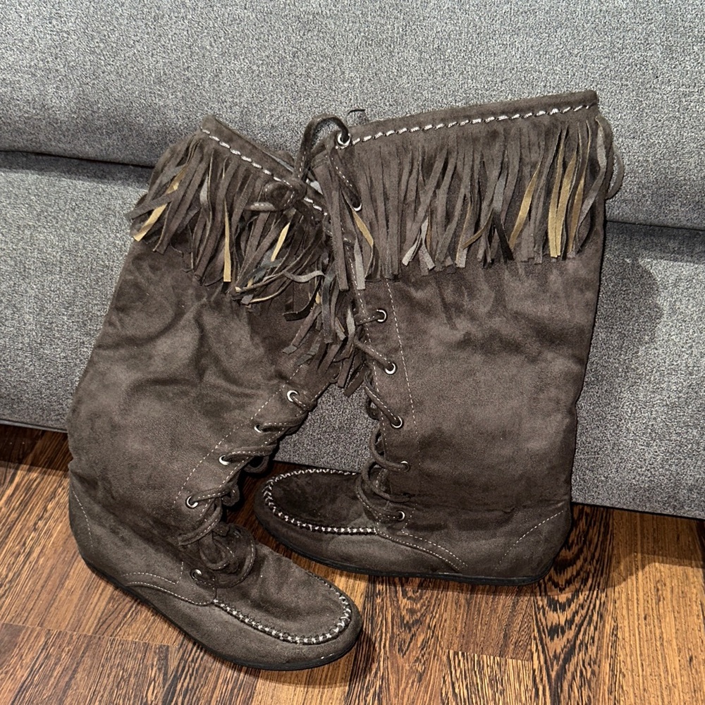 Fringed Vintage Suede Lace-Up Women's Boots - Dark Brown (Size: 7)